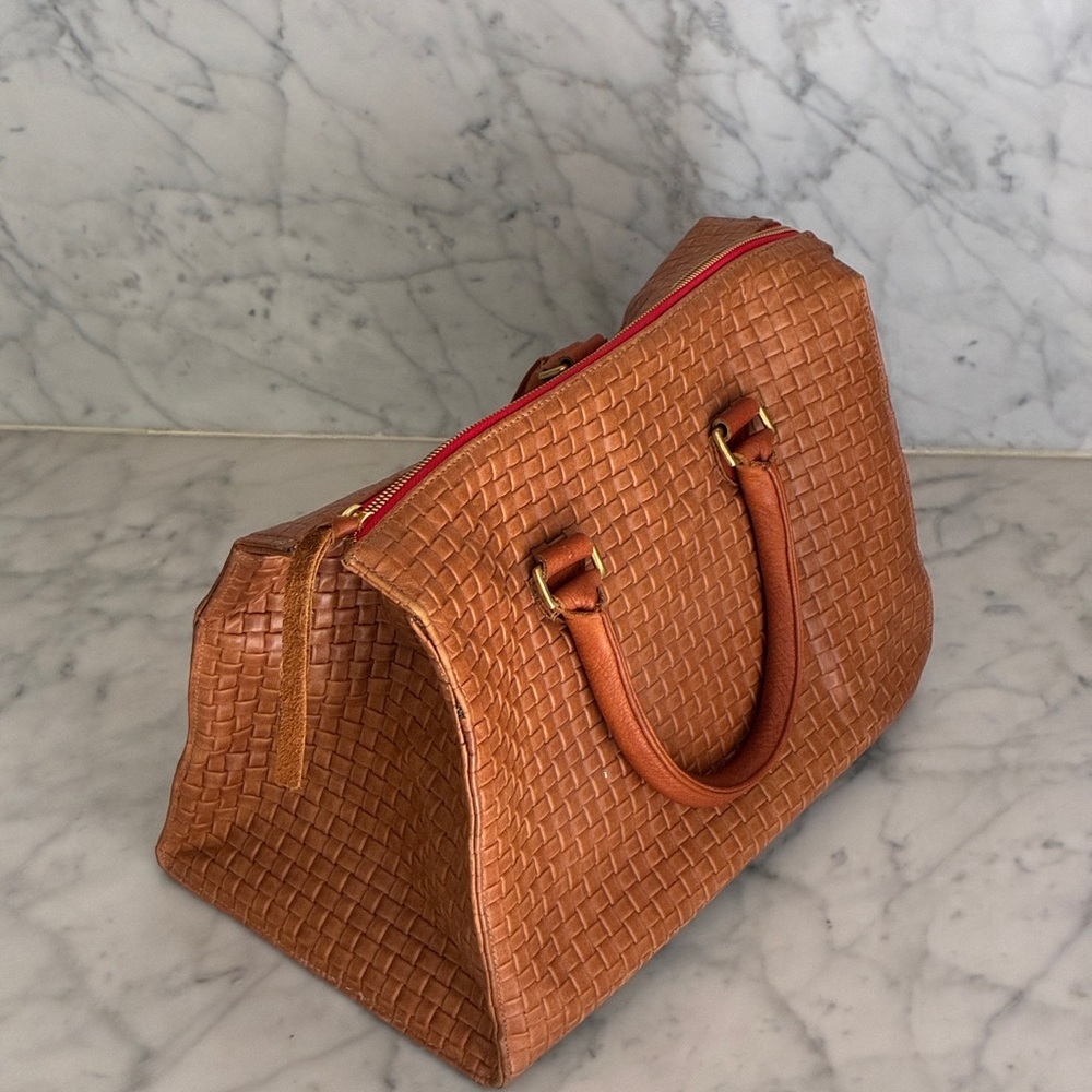 Authentic Clare V. Woven Leather Satchel Handbag in Cognac - Picture 3 of 14